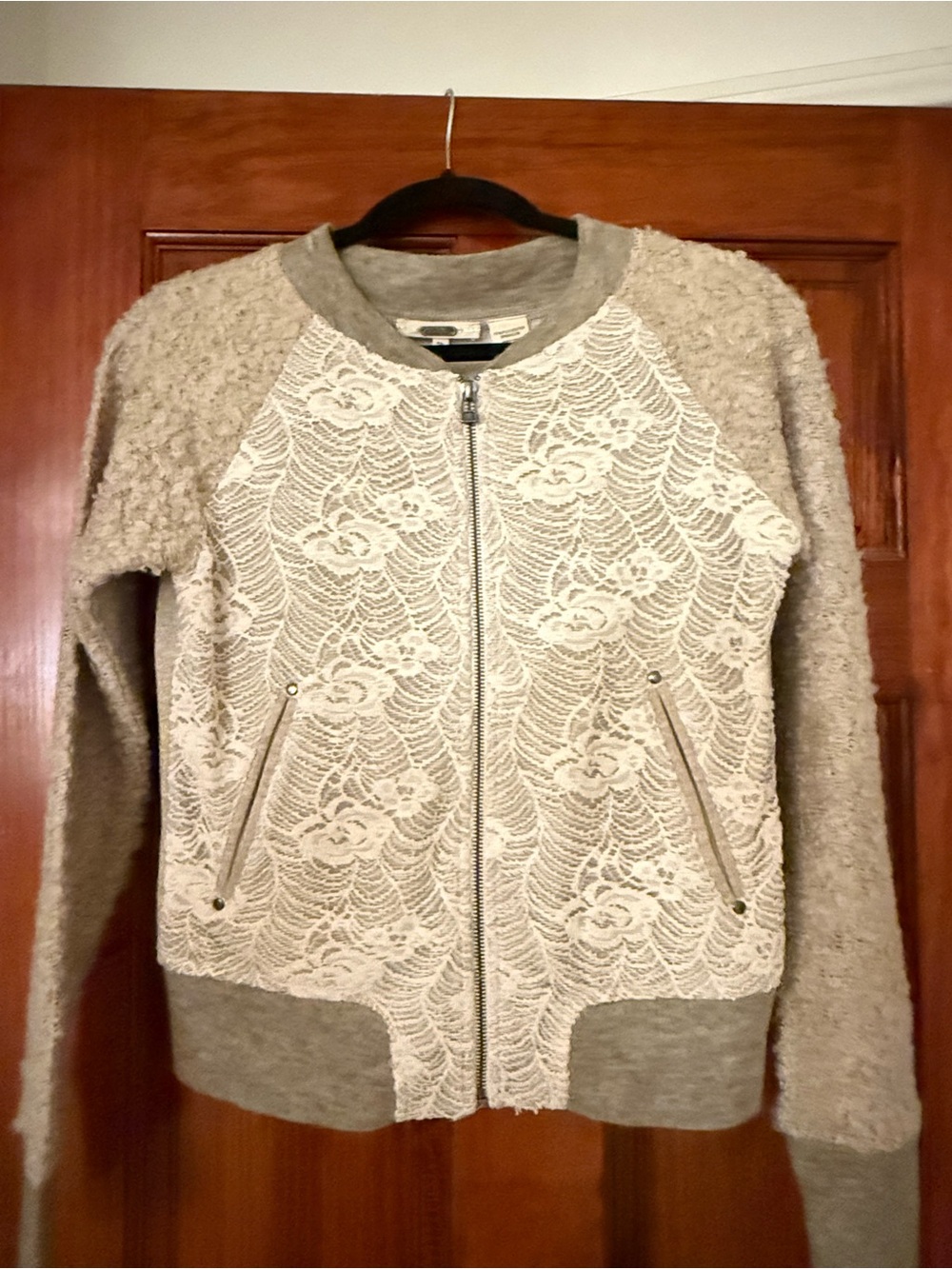 Miss Me Lace-Front Zip Bomber Jacket - Light Taupe